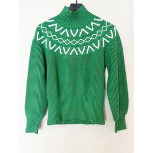 Varley Marcie Fair Isle Yoke Knit Sweater Green White Mock Neck Size XXS